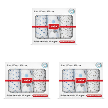 LuvLap 100% Cotton Muslin Baby Swaddle Set, Baby Towel, Size120cm x 100cm (47x39), Stars Printed on White, 018 Month+, Print