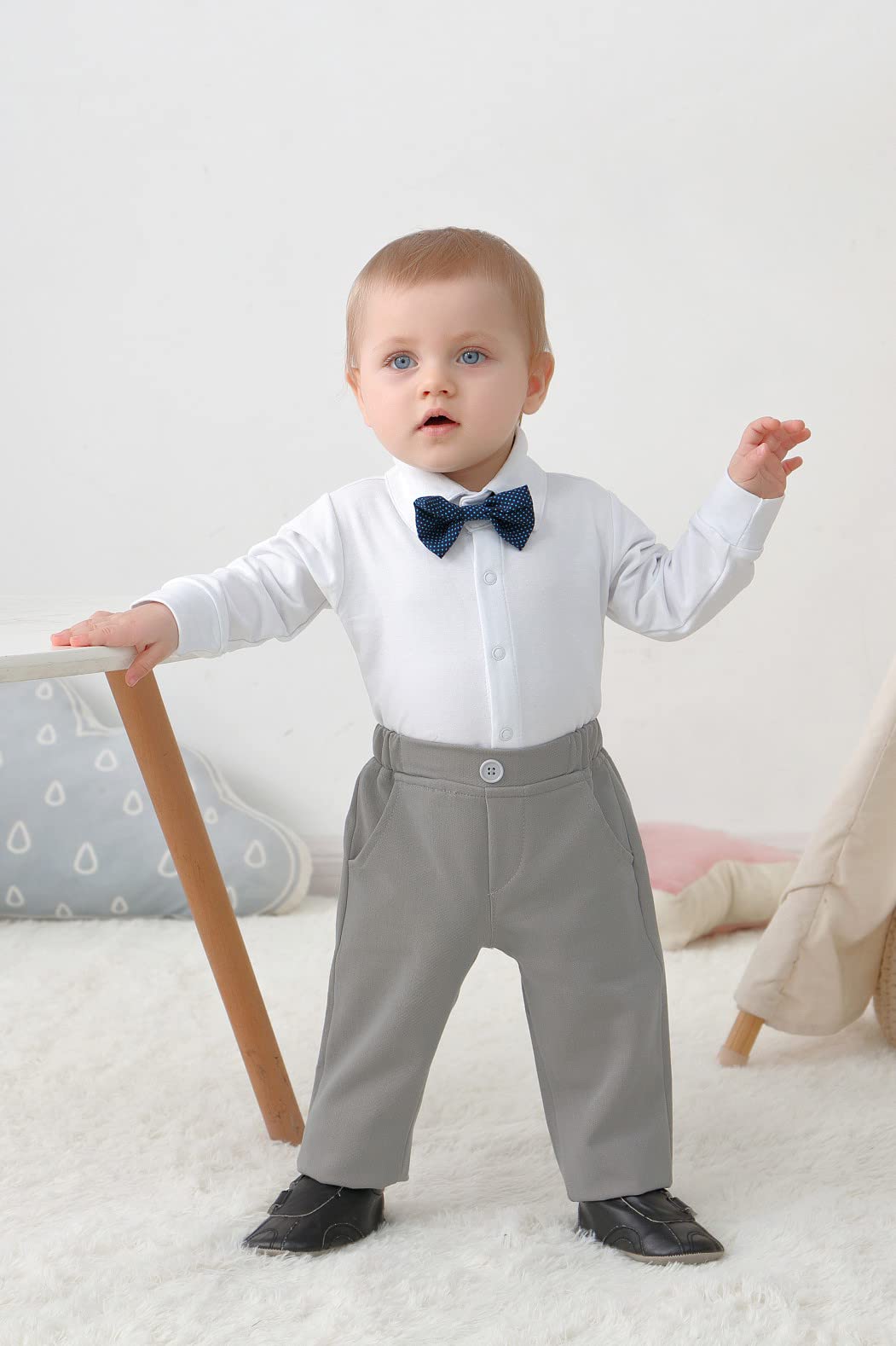 Disaur Baby Boy Suit Long Sleeve Infant White Shirt Gray Vest Pants Bow Tie Baby Boy Thanksgiving Outfit 9 12 Months 1T