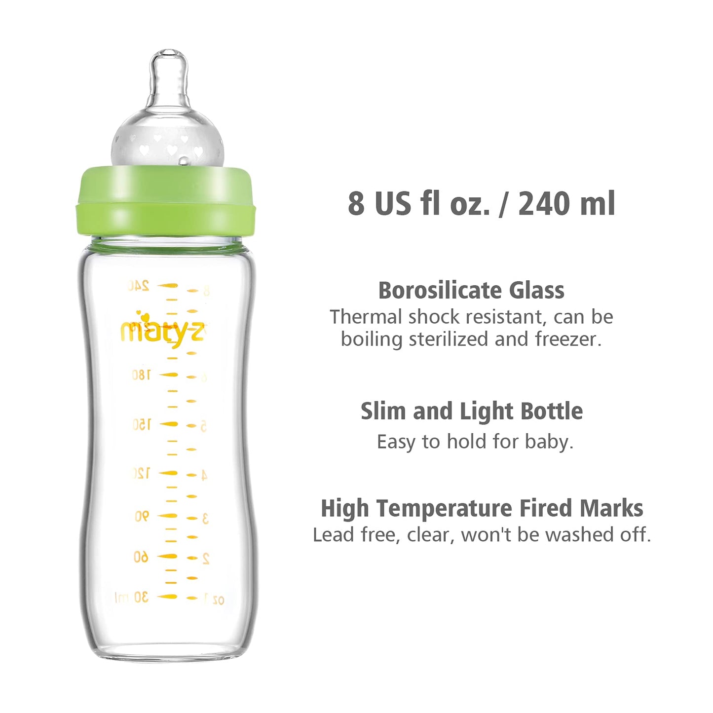 Matyz 8 Ounce Glass Baby Feeding Bottle With Nipple - Light And Slim, Easy To Hold And Clean - Food Grade Borosilicate Glass, Wi