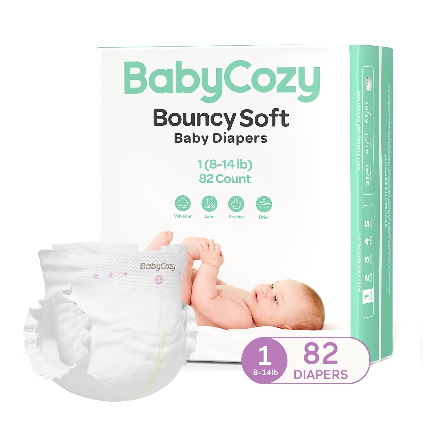 Babycozy Boucy Newborn Diapers for Sensitive Skin, Hypoallergenic Disposable Plain White Diapers Without Chlorine, Soft Diaper f