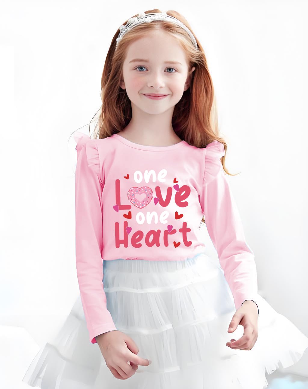Little Girls Valentine Donut Heart Shirt Kids Casual Pullover Cotton Ruffle Long Sleeve Shirts Outwear 5-6 Years