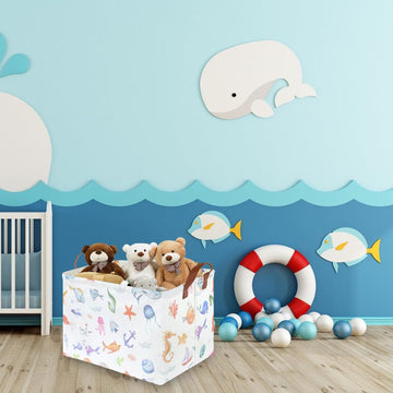 Fxocshe Rectangle Fish Basket,Ocean Animals Waterproof Kids Foldable Laundry Basket,Nursery Hamper,Boys And Girls Hamper,Kids Ro