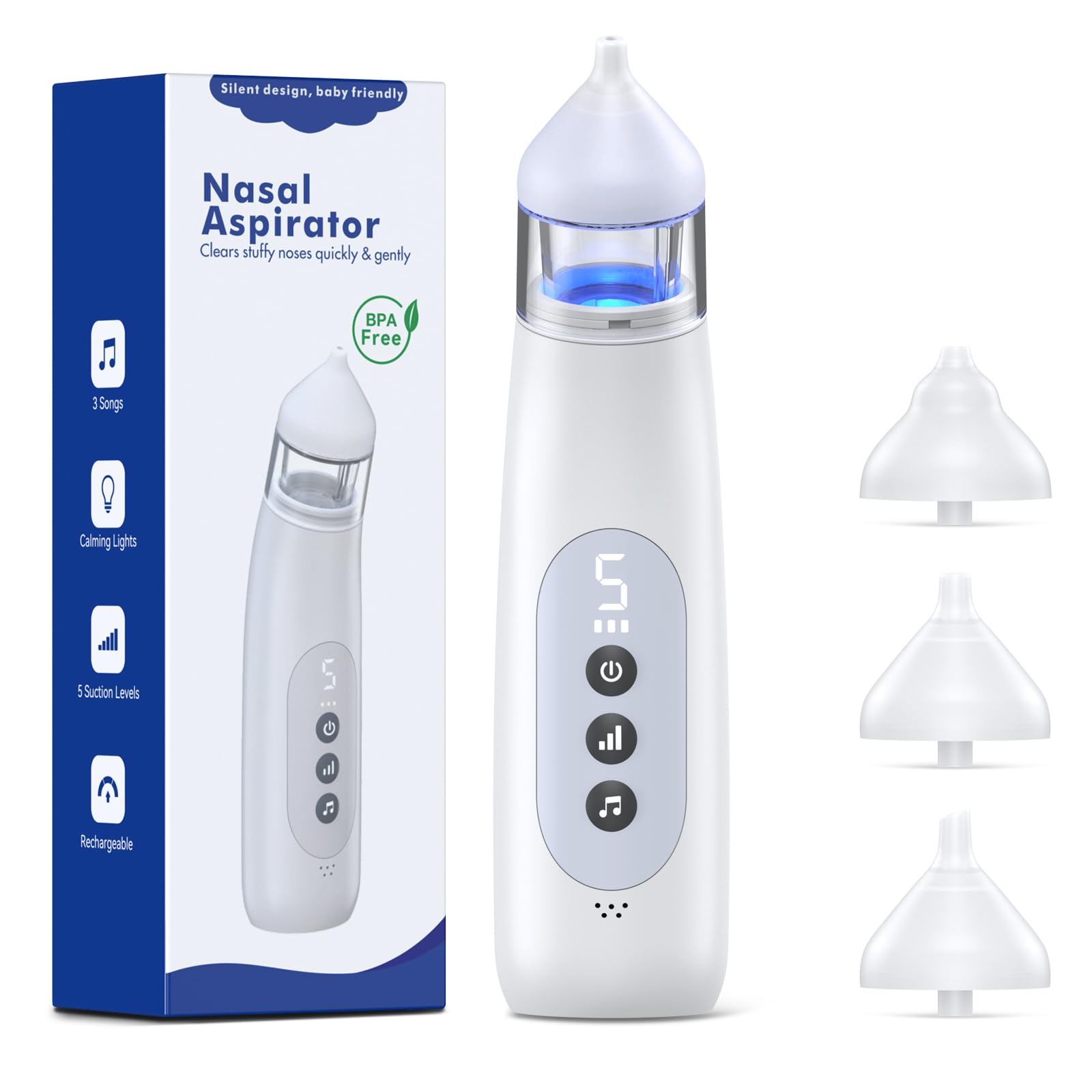 Pudult Nasal Aspirator For Baby, 5 Suction Levels Baby Nose Sucker, Music And Light Soothing Function Nose Sucker For Baby To Re