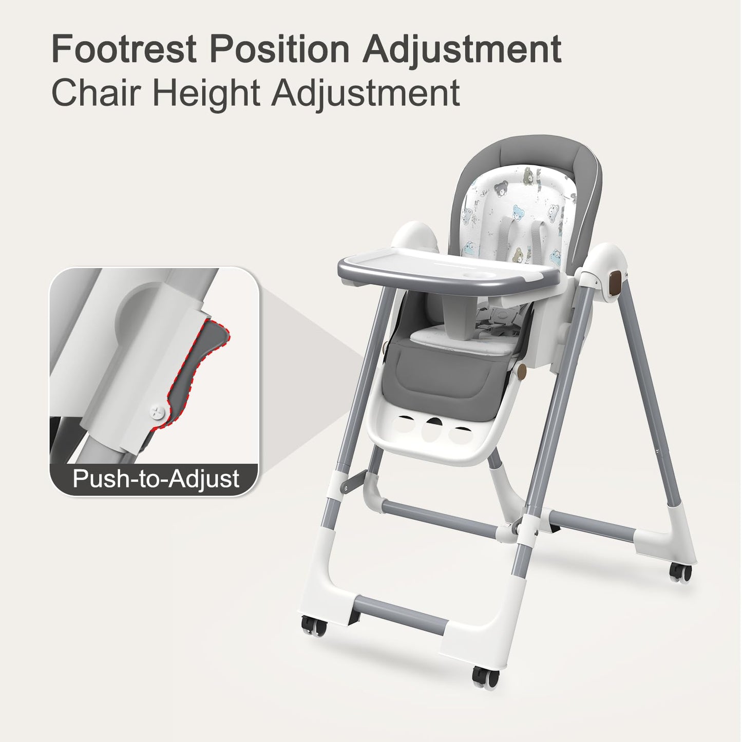 Taleco Gear Foldable Baby High Chair, 3-In-1 High Chairs For Babies And Toddlers With Removable Seat & Tray, 4 Locking Wheels, A