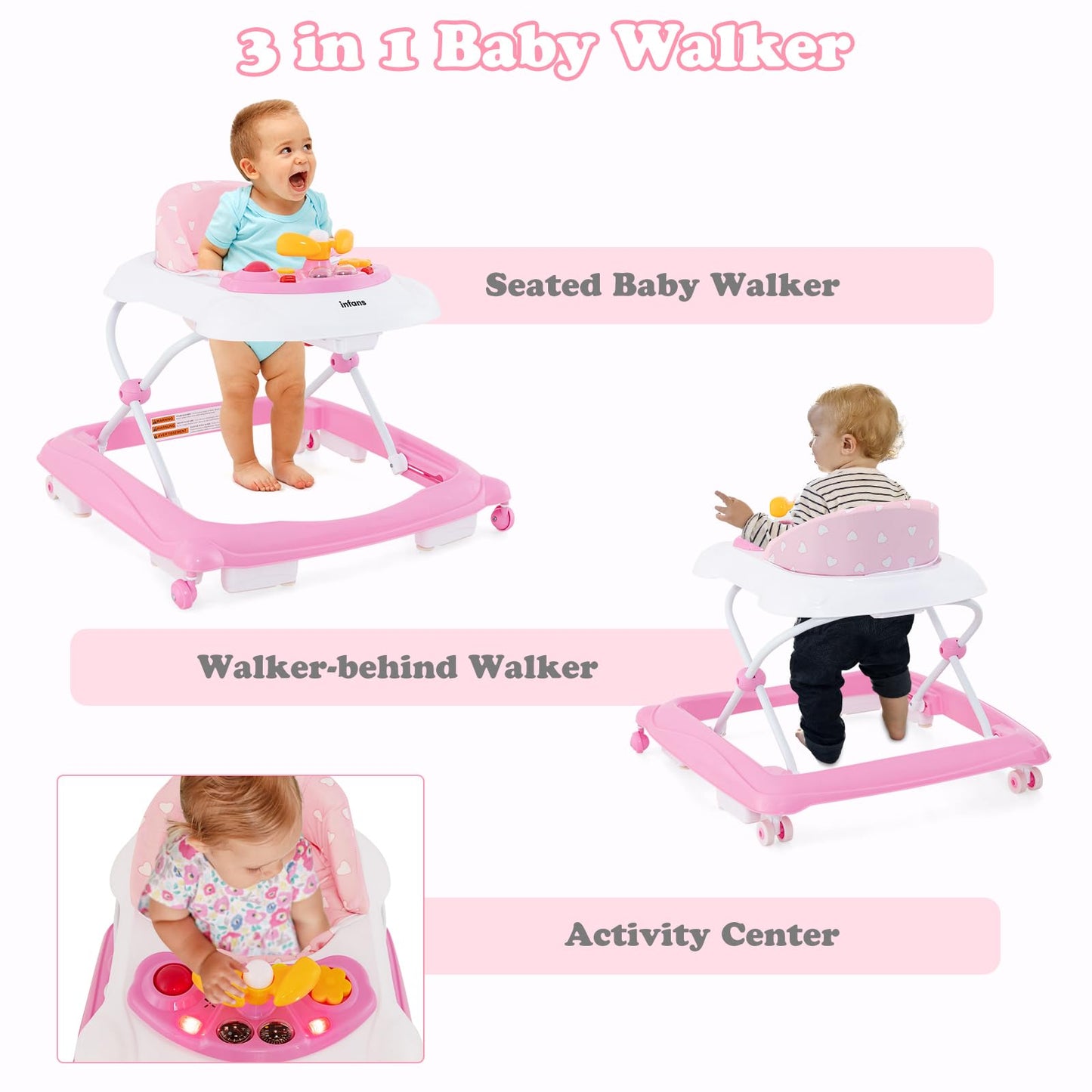 Infans Foldable Baby Walker, 3 In 1 Toddler Walker Leaning-Seated Walk-Behind With Removable Music Tray, Adjustable Height, Wash