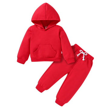 Happy Town Toddler Fall Outfits For Girl Boy Long Sleeve Hoodie Top And Long Sweatpants Set Toddler Sweatsuit (Solid Color-Red,