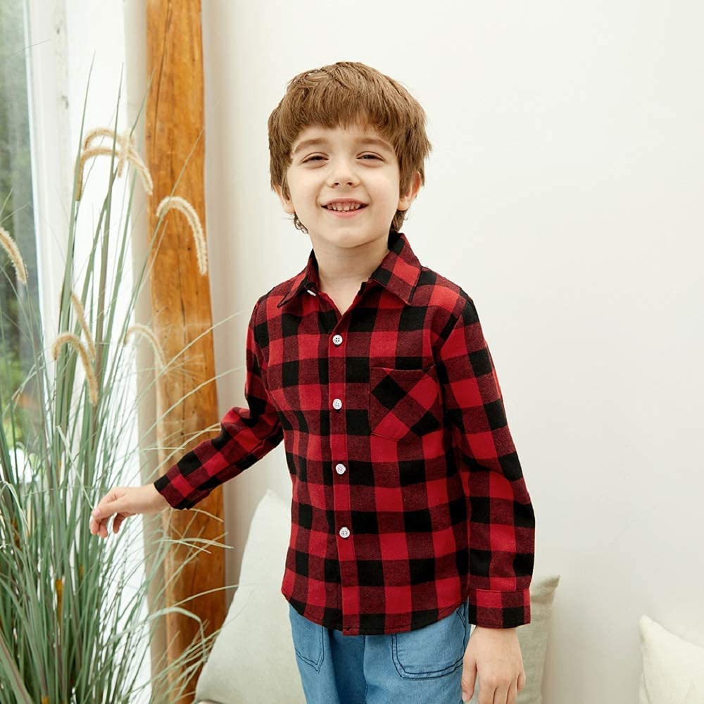 Furemos Toddler Boy Clothes Plaid Boys Long Sleeve Shirt Red Flannel Tops Boys Christmas Outfits(1-2T) Red