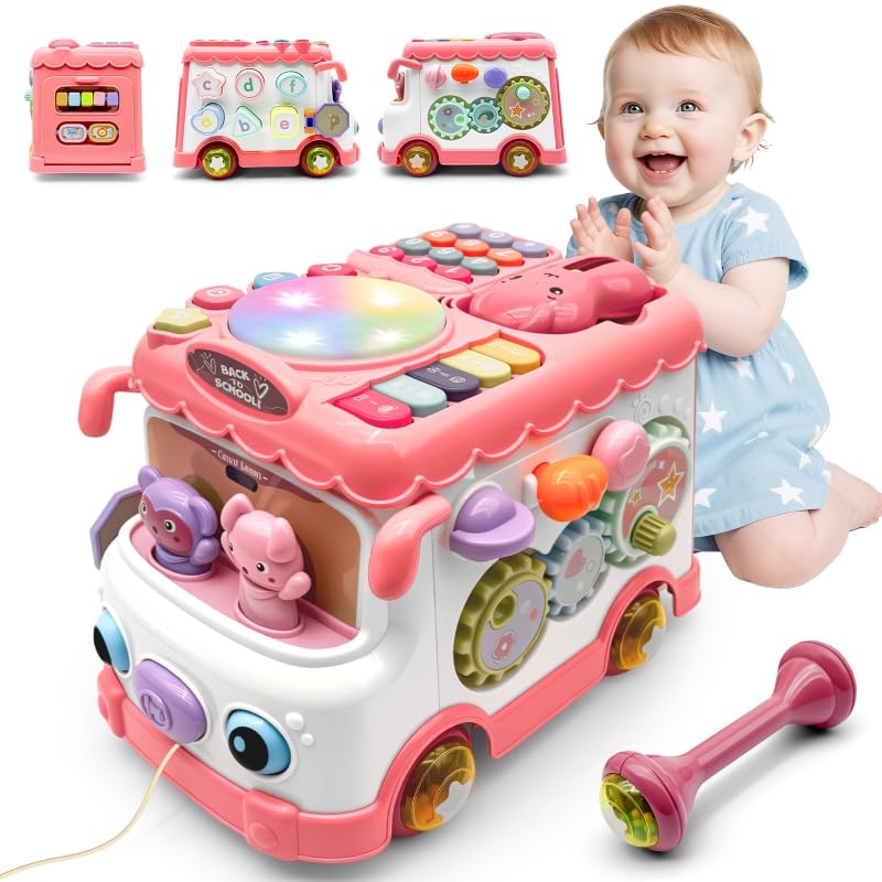 DELUTIQUE Baby Bus Toy for 1 Year Old Girl Gifts, Montessori Musical Bus Toy for Baby 12-18 Months, Baby Piano Drums for Toddler