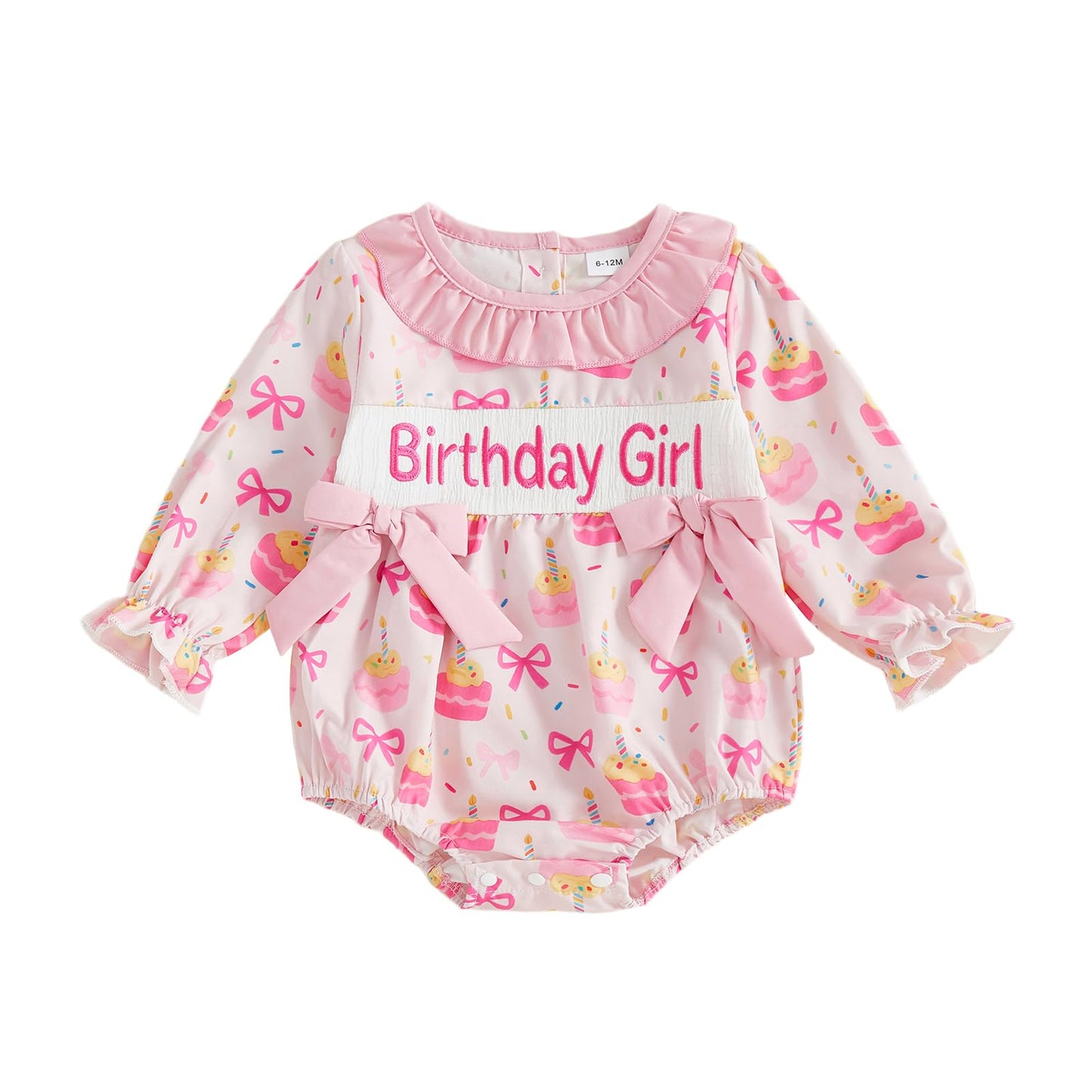 BemeyourBBs Baby Girl First Birthday Outfit 1st Birthday Cake Smocked Romper Jumpsuit One Year Clothes (One Long Sleeve Pink, 6-