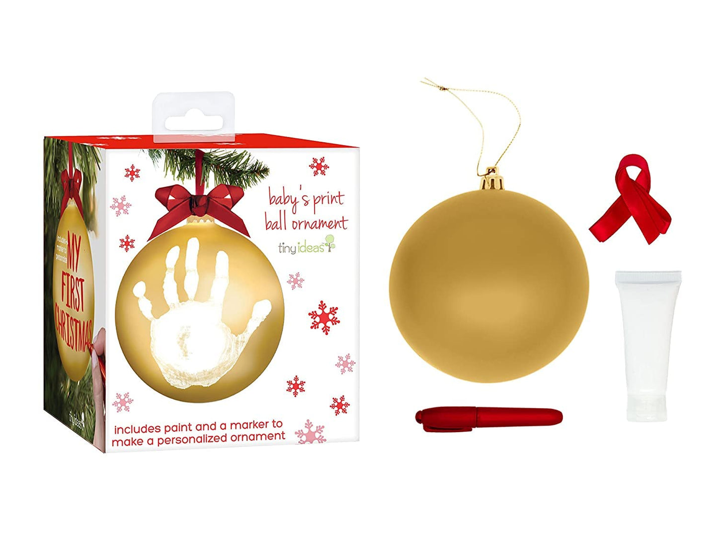 Tiny Ideas Baby'S Print 1St Holiday Keepsake Ball Ornament With Included Paint For Handprint, Diy Christmas Ornament, Gold