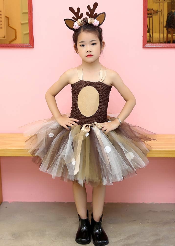 Tutu Dreams Christmas Dress Reindeer Costume For Girls 100Th Day Of School Tutu Dress Deer Antler Headband Gifts Decorations (De