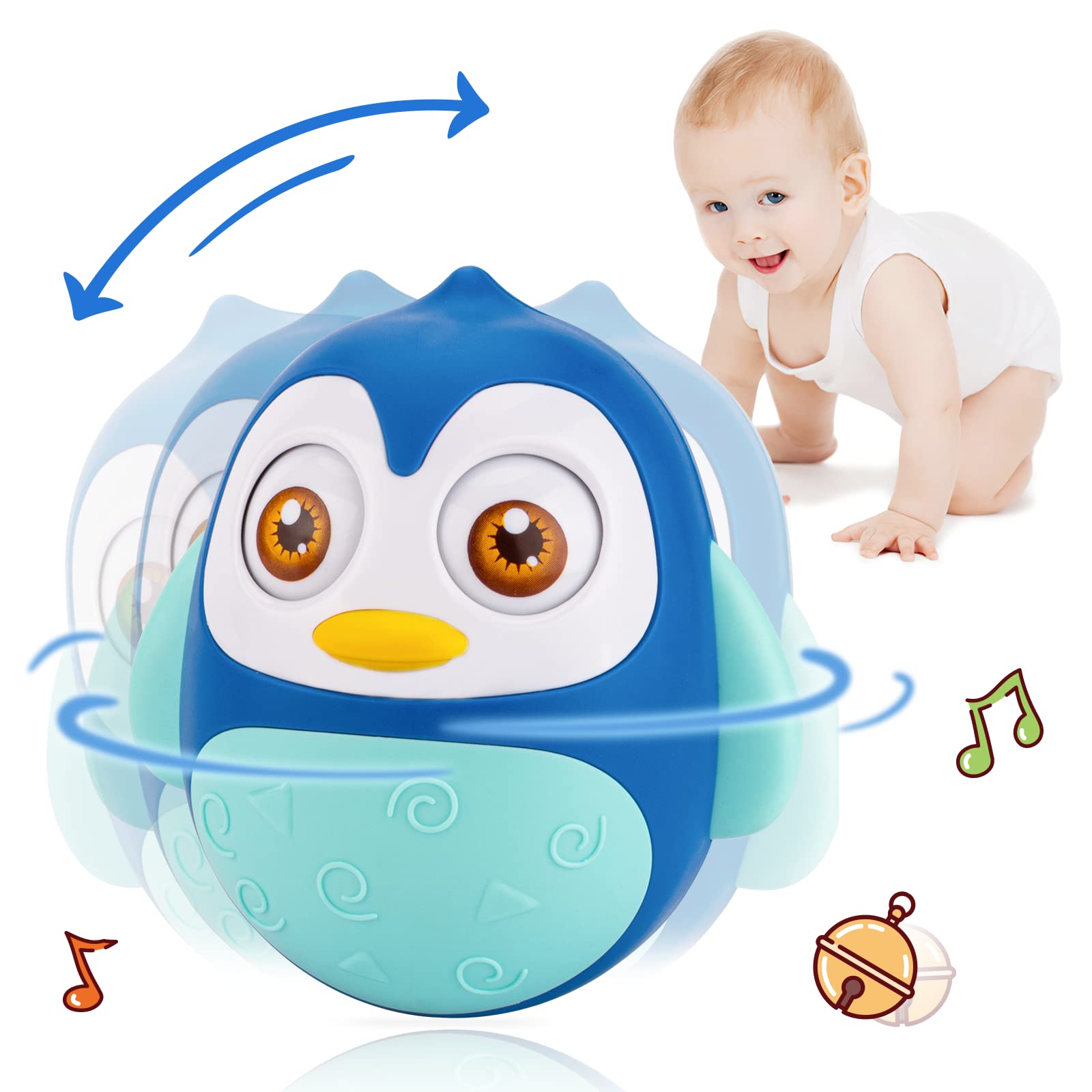 UNIH Roly Poly Baby Toys 6 to 12 Months, Tummy Time Wobbler Toys, Penguin Tumbler Wobbler Toys for Infant Boy Girl Gifts (Blue)