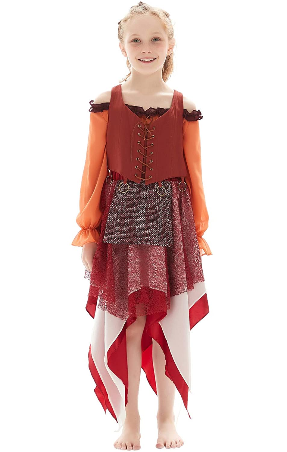 Taeyue Kids Mary Sanderson Costume Sister Halloween Cosplay Orange Witch Dress Outfit For Girls,Large