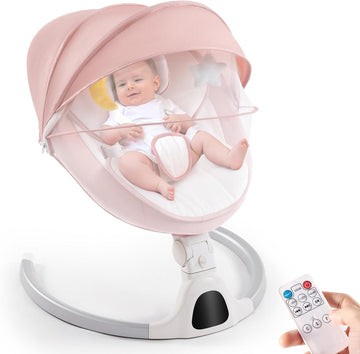 Baby Swing for Infants,Comfort Cradling Baby Rocker Portable Newborn Swing with Music/Remote Control/Timing Function,Grey (Pink)