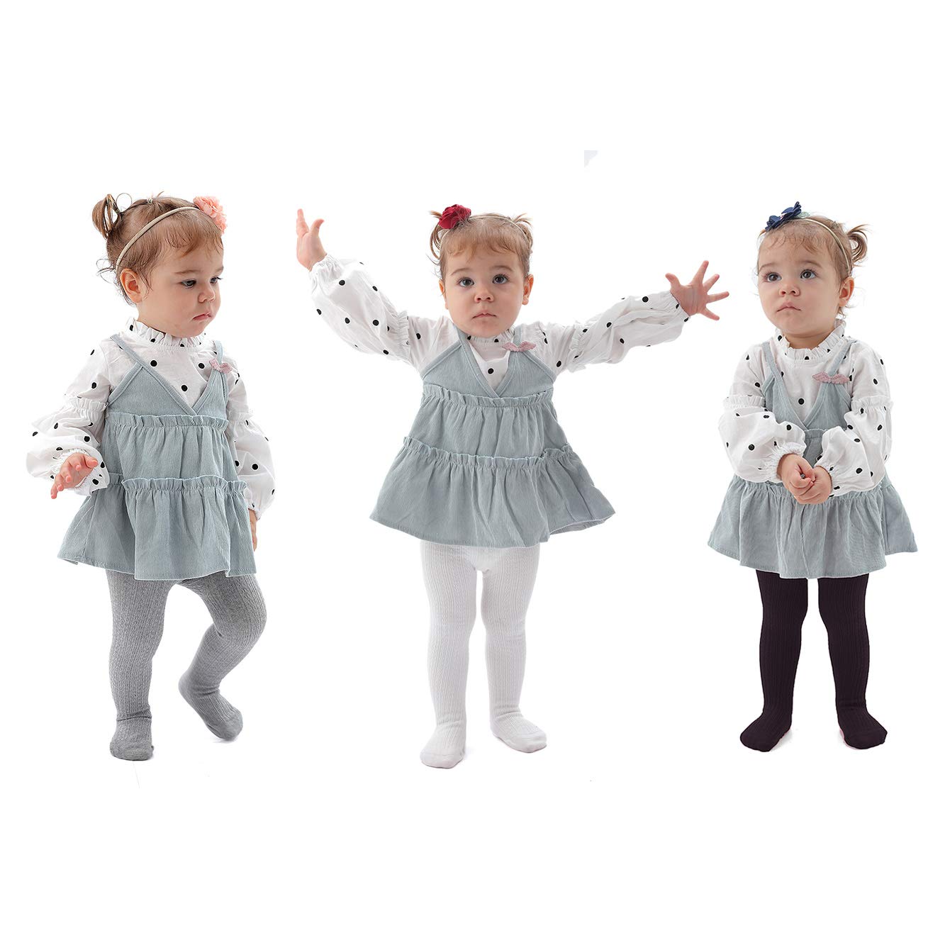 Epeius Infants Baby Girls Seamless Cable Knit Solid Cotton Tights For 6-12 Months,White/Black/Grey (Pack Of 3)