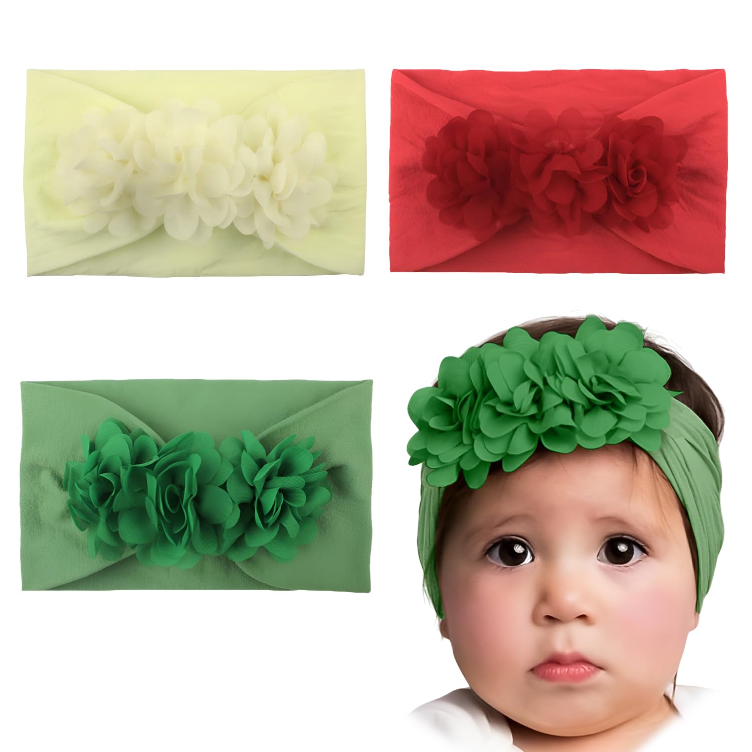 Syga Pack Of 3 Baby Headband Soft Flower Bow Stretchable Hairband For Newborn Infant Toddlers Kids 03 Year (Beige, Red, Green)