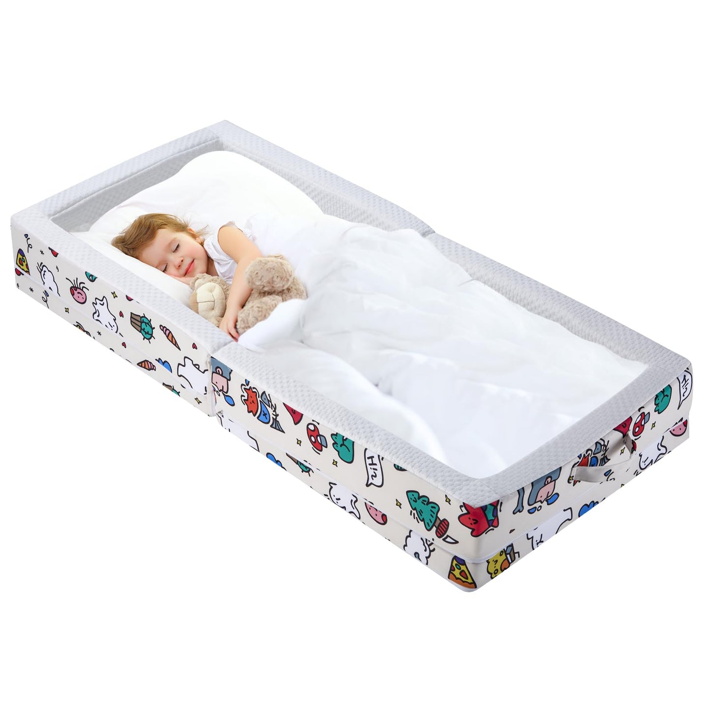Umoving Portable Foldable Toddler Travel Bed - Air Layer Fabric Soft Foam Floor Crib with Safety Rails, No Assembly, Washable Co