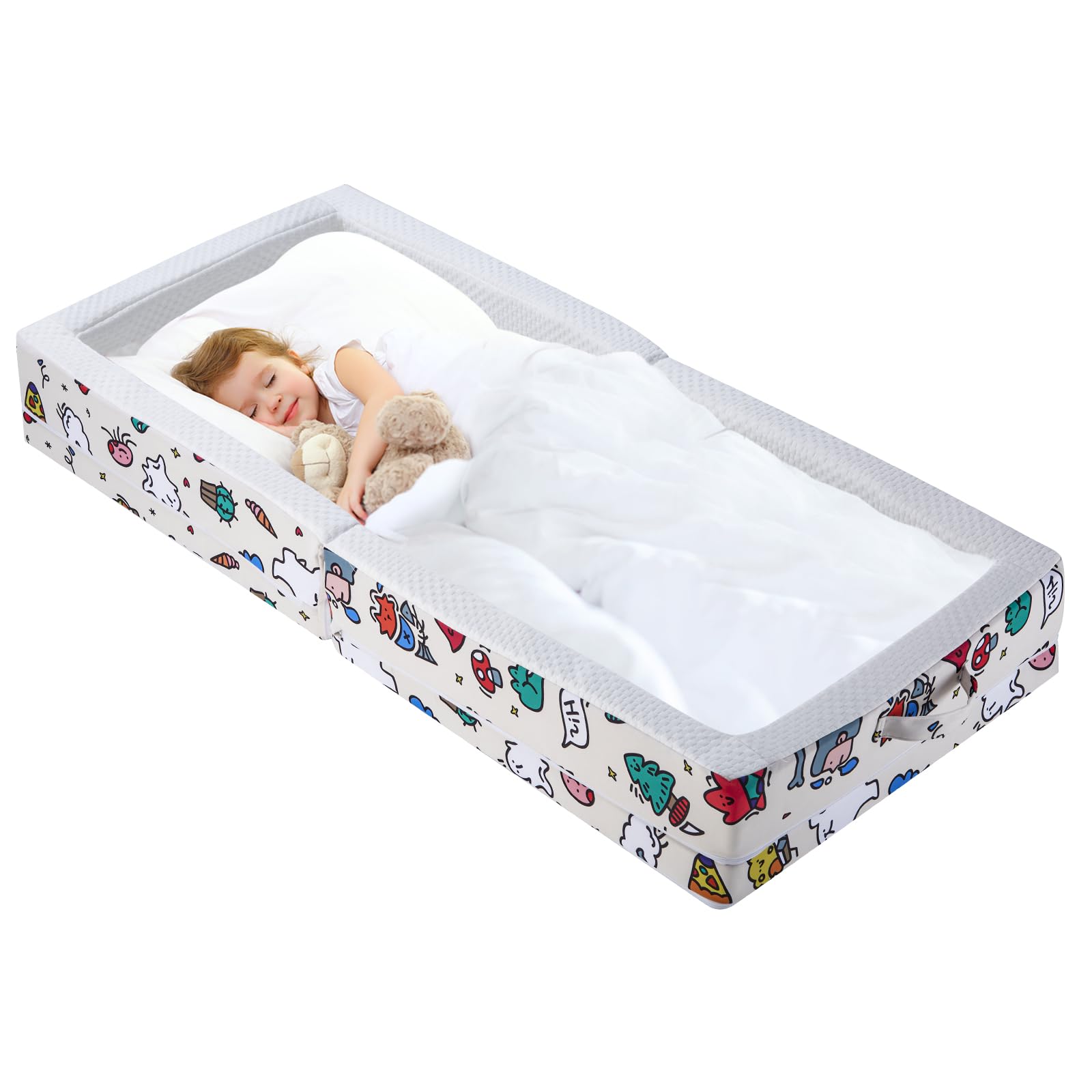 Umoving Portable Foldable Toddler Travel Bed - Air Layer Fabric Soft Foam Floor Crib with Safety Rails, No Assembly, Washable Co