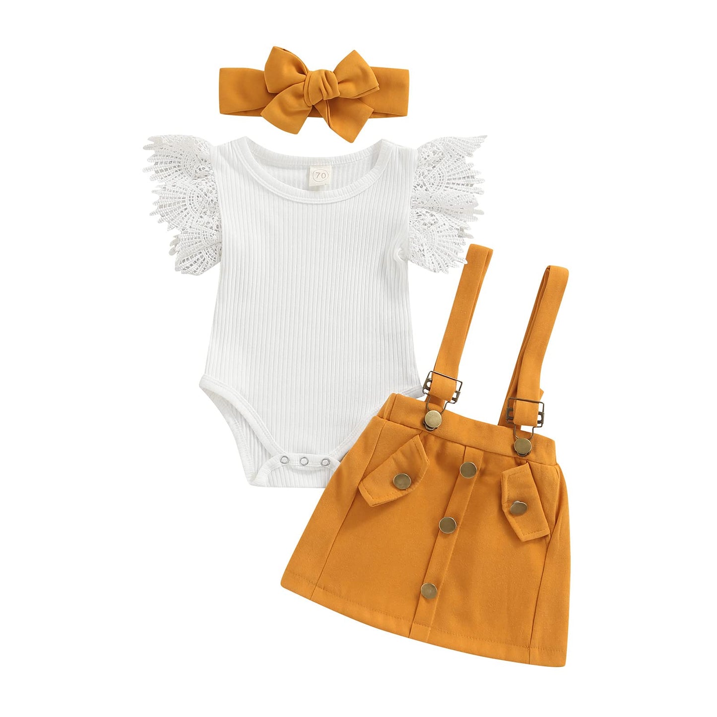 Infant Girls Summer 3Pcs Outfit Sets Ruffle Short Sleeve Ribbed Romper + Suspender Skirt + Headband (A-Yellow, 12-18 Months)