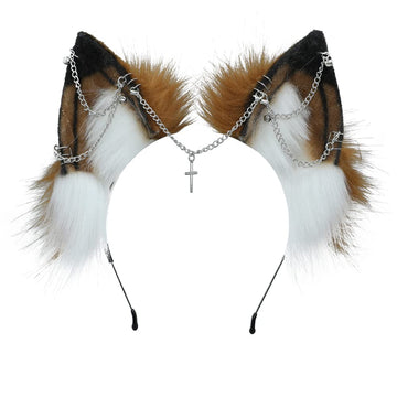 Vigvan Handmade Wolf Fox Ears Animal Cosplay Cute Head Accessories For Halloween (Chain Brown White)