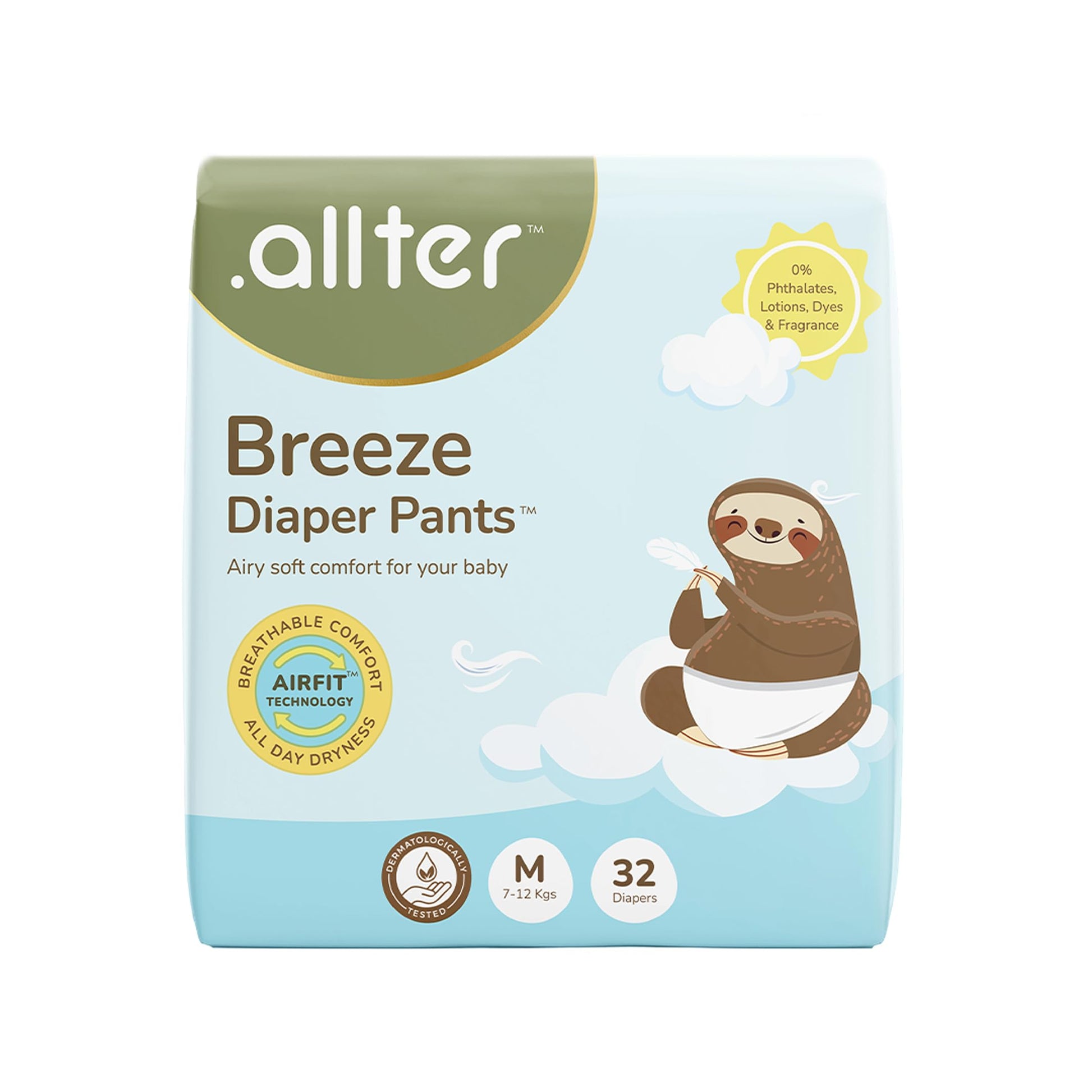 .Allter Breeze Baby Diaper Pants  M Size (712 Kgs) | 32 Count, Pack Of 1 | Airfit Technology For Breathable Comfort| Dermat Te