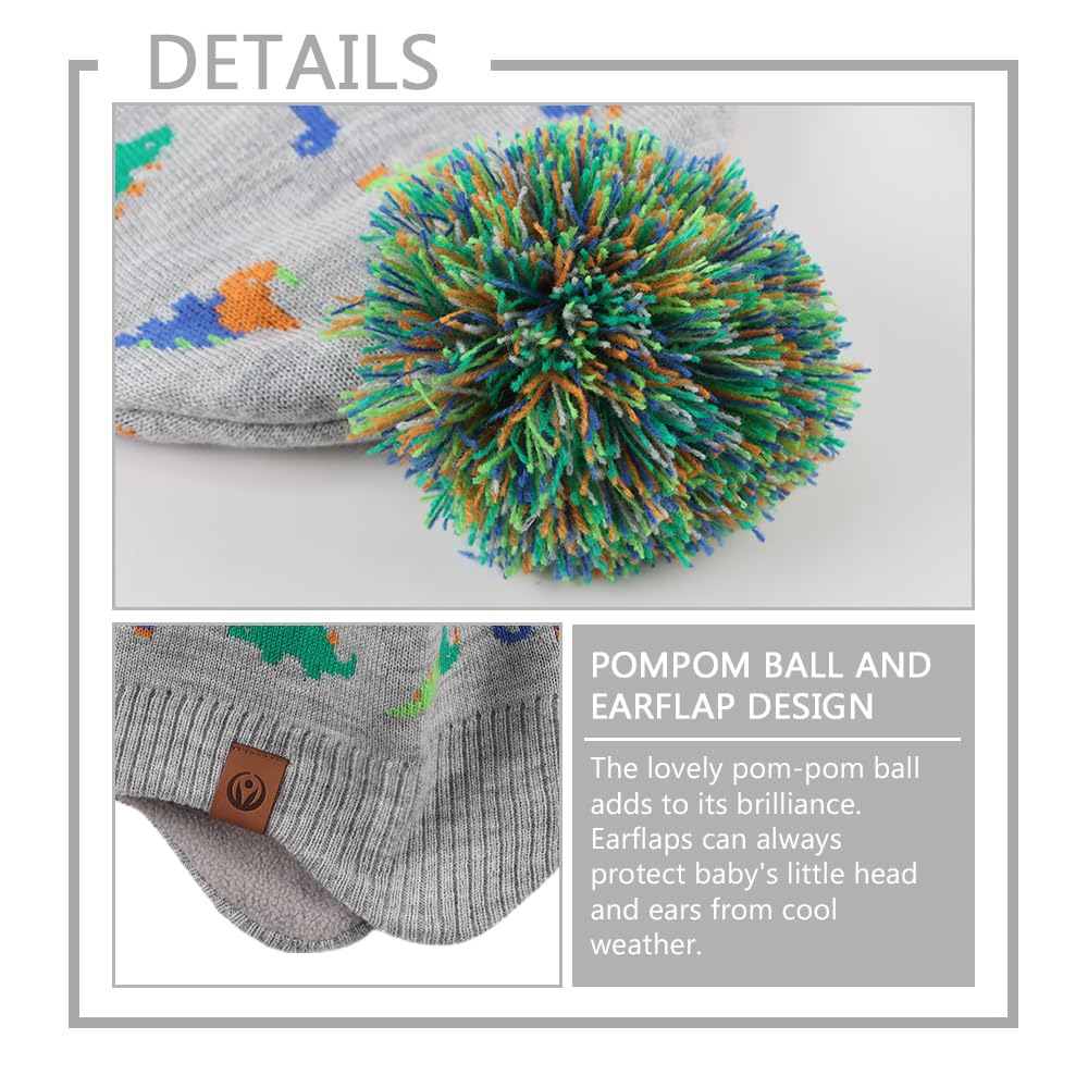 Jangannsa Knitted Baby Hat Scarf Set Winter Warm Boys Girls Beanie Fleece Lining Toddler Kids Hats With Pompom(Colorful-Dinosaur