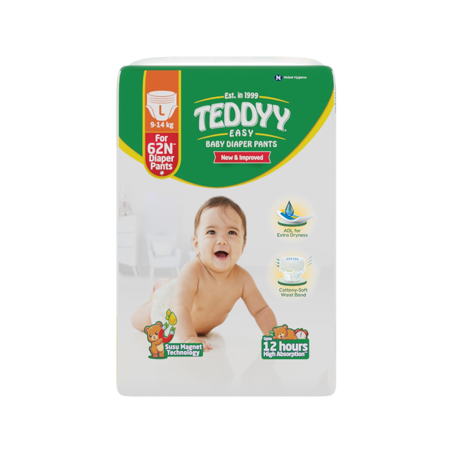 Teddyy Easy Baby L Size Diaper Pant Style | 62 Count (Large) | 914 Kg (Pack Of 1) | Long Protection Hours | AntiBacterial | Ai