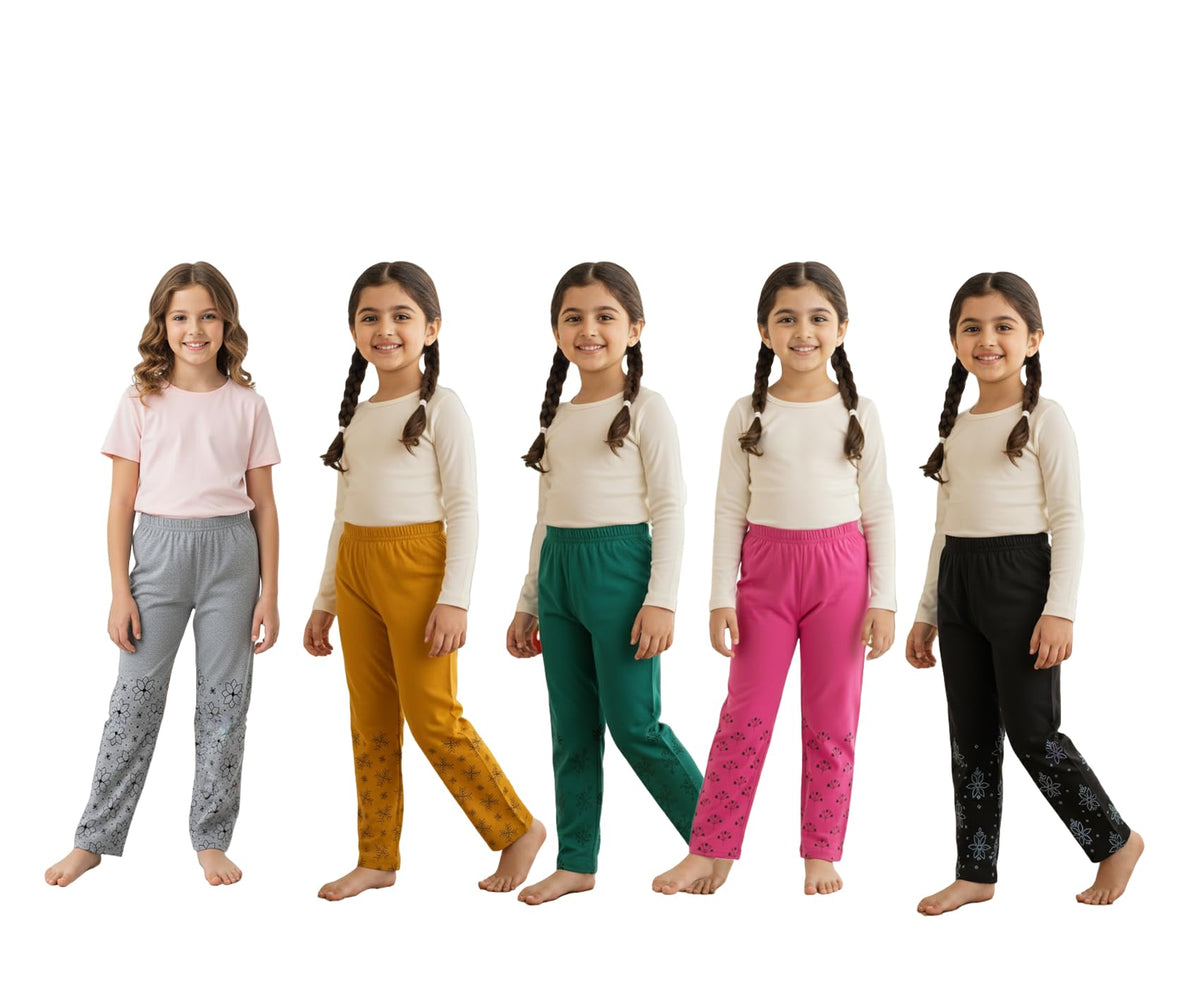 indi weaves Pack of 5 Girls Cotton Printed Pyjama Set, Soft Breathable Fabric, Elastic Waist Nightwear, Comfortable Kids Sleepwe