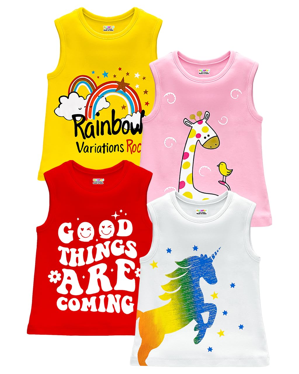Kuchipoo Girls Regular Fit Sleeveless Cotton TShirts (KUCTSHRT549, 1218 Months, MultiColored)