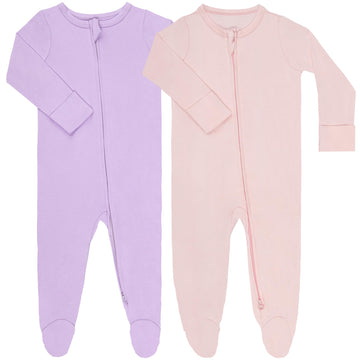 Guisby Footed Long Sleeve Baby Pajamas With Zipper Cotton Infant Sleepers Light Pink+Purple 3-6 Months