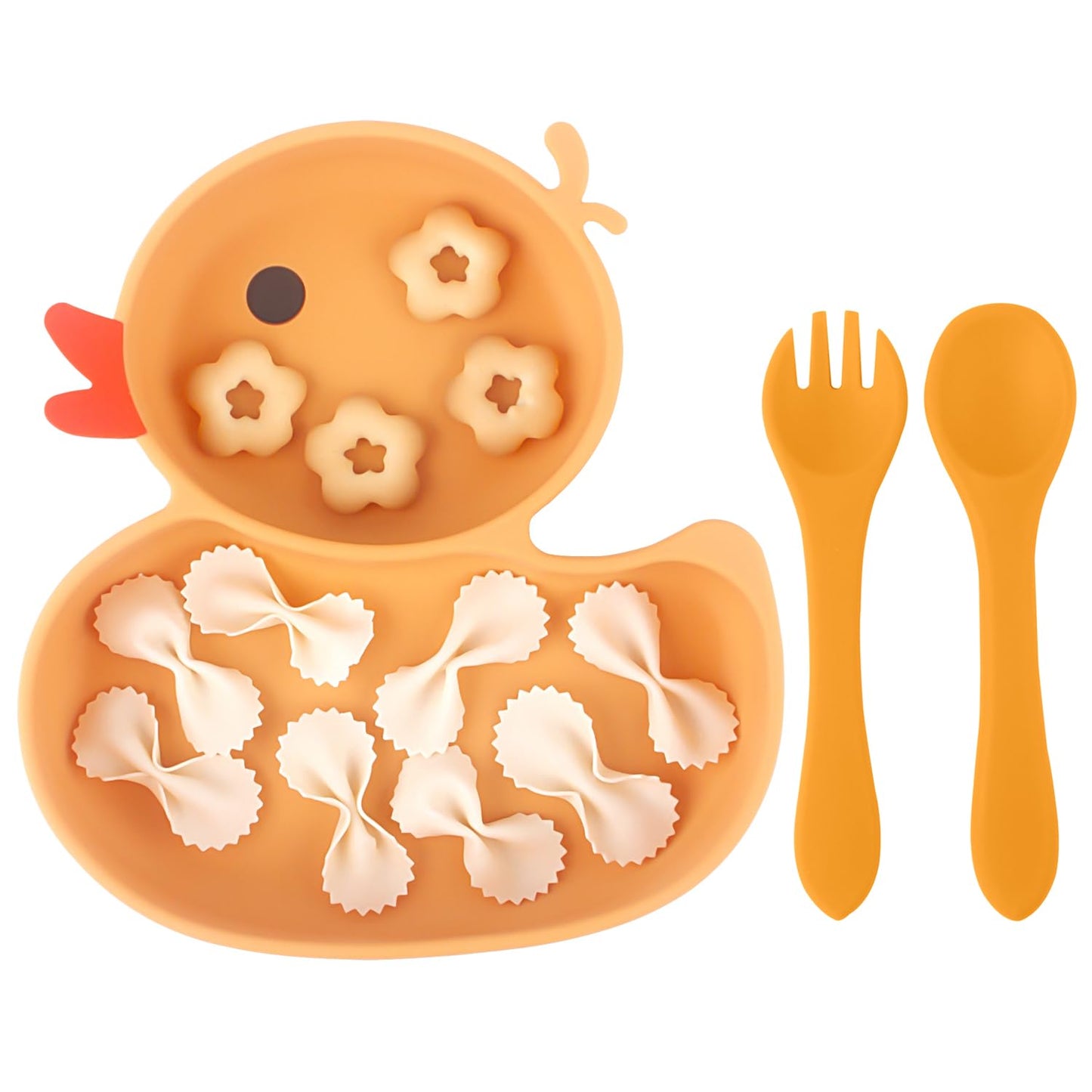 Qshare Powerful Suction Plates for Baby and Toddler,Baby Divided Plate,Thanksgiving Plates with Fork and Spoon,Duck Baby Plate N