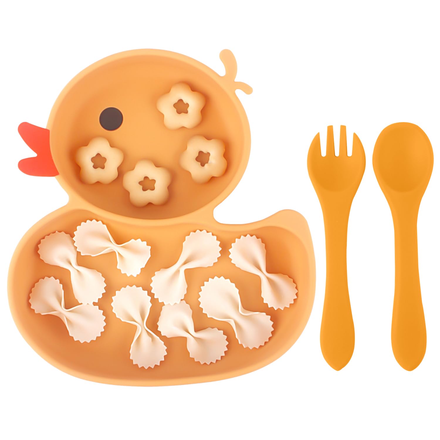 Qshare Powerful Suction Plates for Baby and Toddler,Baby Divided Plate,Thanksgiving Plates with Fork and Spoon,Duck Baby Plate N