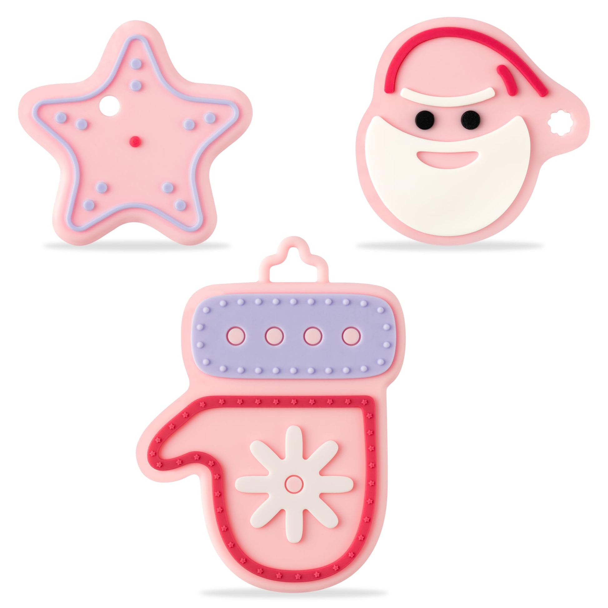 Christmas Silicone Teething Toys for Babies - 2ooya 3Pcs Pink Soothe Sore Gums Teether Infant Soft Sensory Chew Toy Toddler Teet