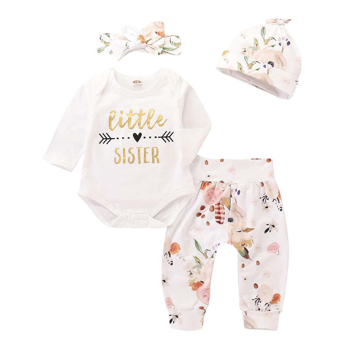 4Pcs Infant Girl Outfits Baby Sister Bodysuit Tops Floral Leggings Pants Set Bowknot Headbands Newborn Clothes (Little Sister,0-