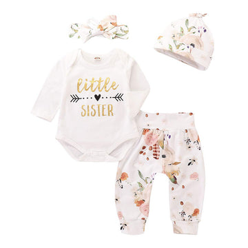 4Pcs Infant Girl Outfits Baby Sister Bodysuit Tops Floral Leggings Pants Set Bowknot Headbands Newborn Clothes (Little Sister,0-