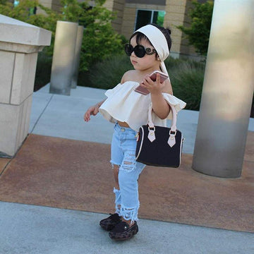 3Pcs Toddler Girl Baby Off Sloulder Top Ruffle Blouse + Blue Ripped Long Jeans + White Bowknot Headband Sets (White-Blue, 5-6 T)