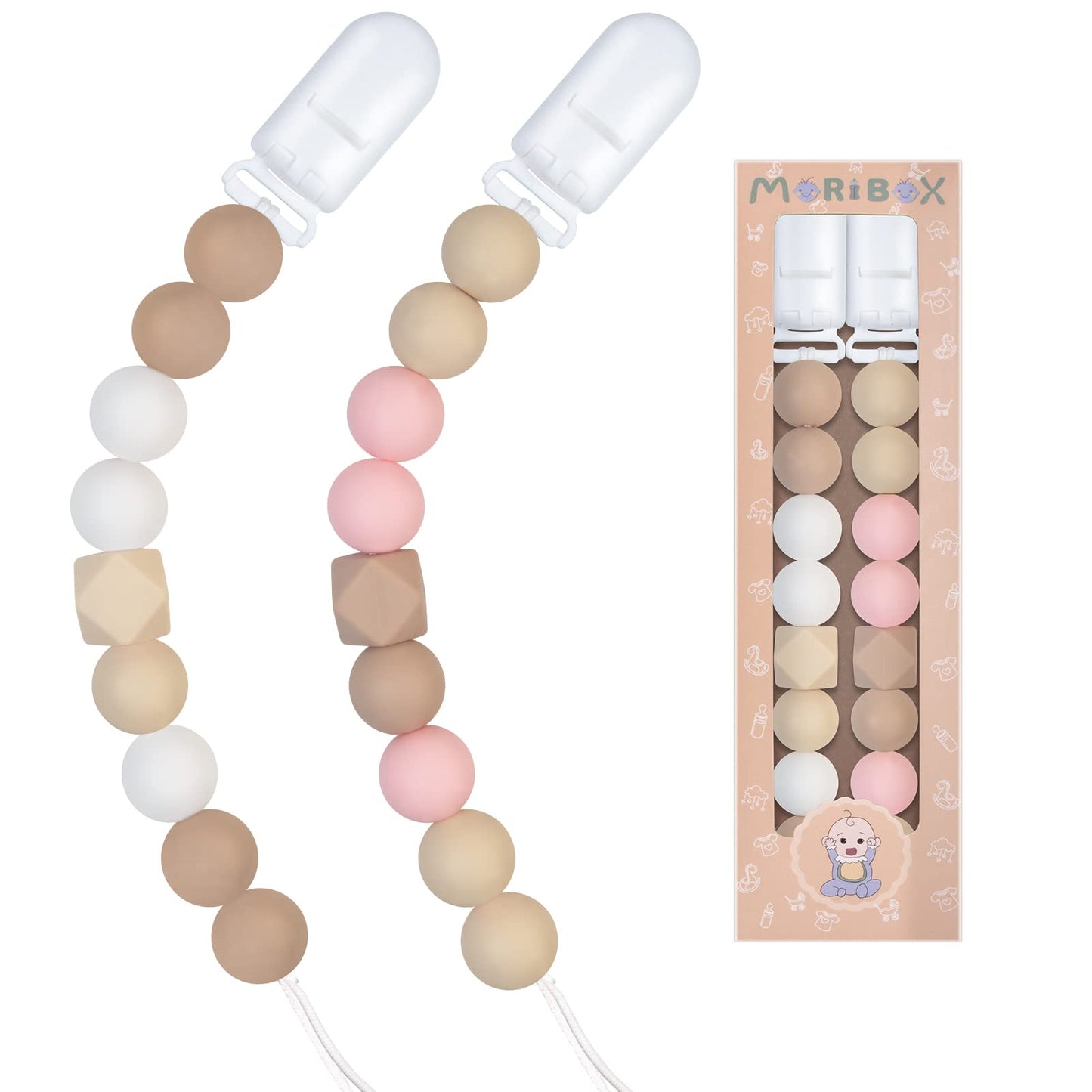 Pacifier Clips For Baby Boys Girls (Beige, Pink)