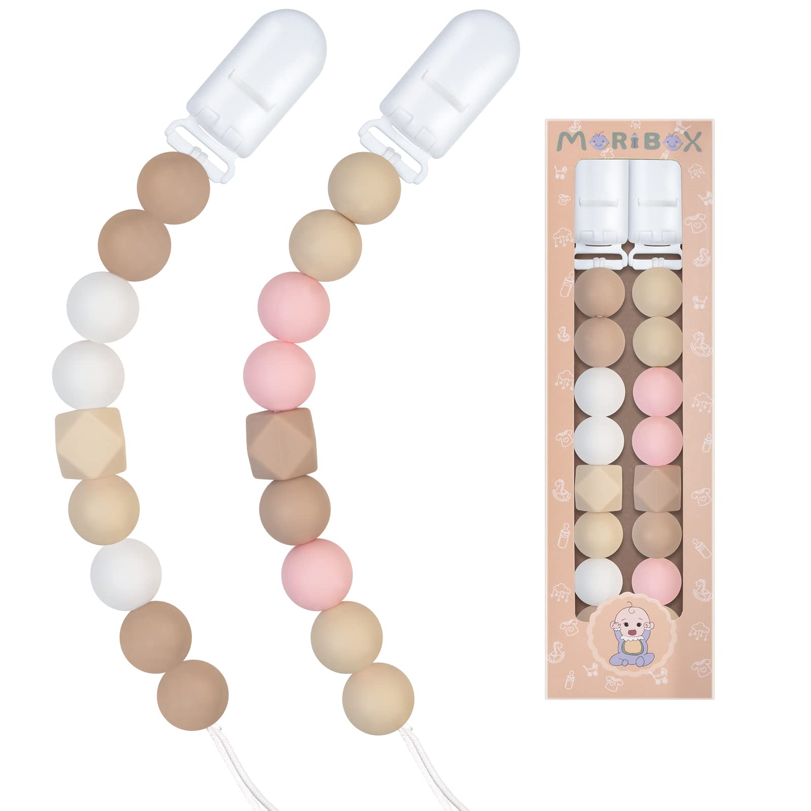 Pacifier Clips For Baby Boys Girls (Beige, Pink)
