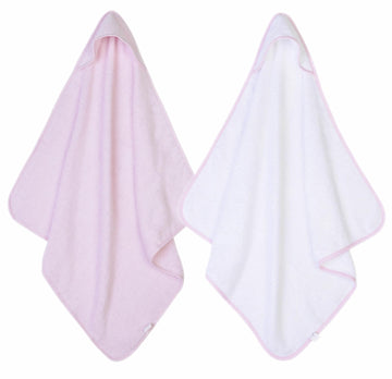 Adore Home 2 x Hooded Baby Towel Soft 100% Cotton Bath Wrap Pack of Two Towels, Pink & White