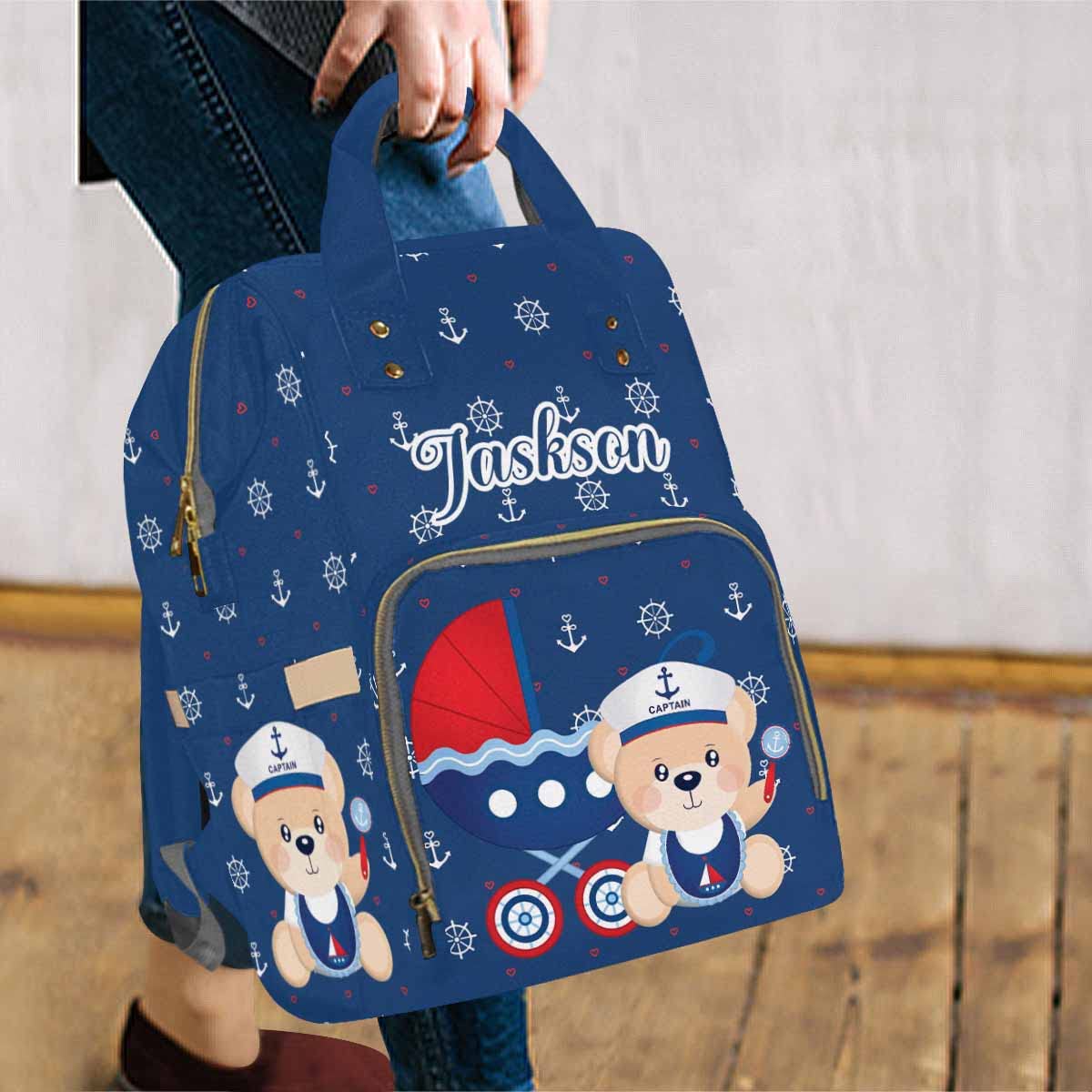 Artsadd Custom Animal Baby Backpack For New Mom Gifts, Personalized Dark Blue Captain Diaper Backpack With Stroller Straps Large