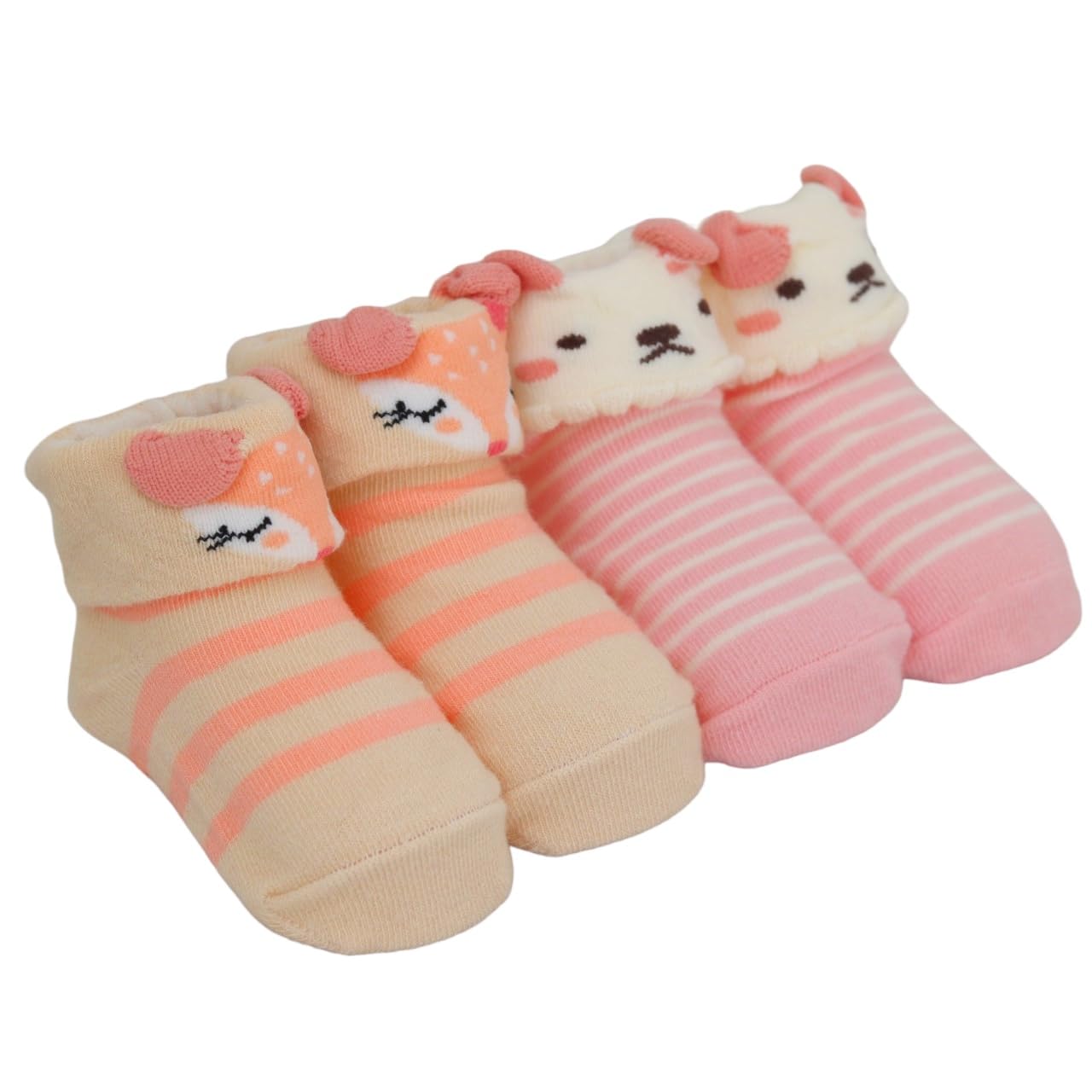 Yellow Bee Puppy And Deer AntiSkid Socks For Girls Pack Of 2, Pink And Peach, 012 Months