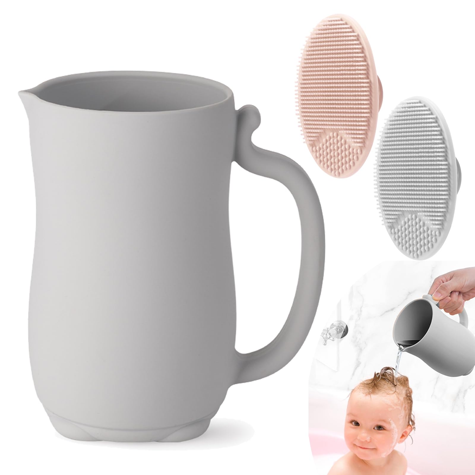 PandaEar Baby Bath Rinse Cup, Silicone Baby Shampoo Rinser with 2 Pack Cradle Cap Brush for Kids Toddler Body Washing (Grey)