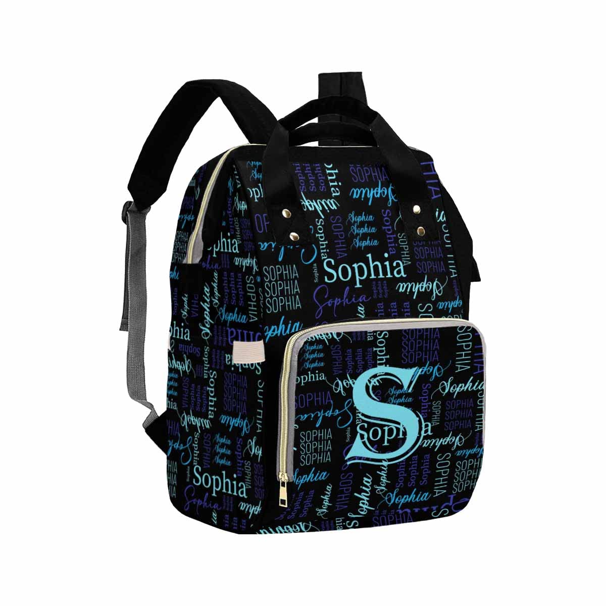 Artsadd Custom Monogram Baby Backpack For Mom Gifts, Personalized Blue And Black Diaper Backpack With Stroller Straps Large Capa
