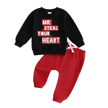 Baby Boy Fall Clothes Set Long Sleeve Letter Print Sweatshirt Pants Valentines Day Outfits 6 12 18 24 Months 2T (Heart Black, 18