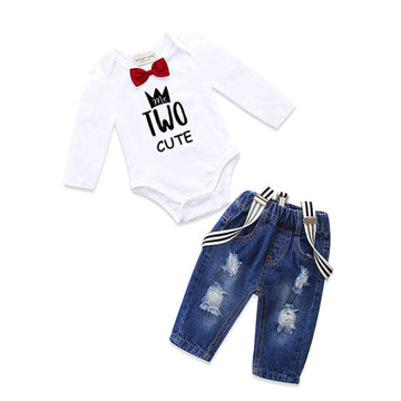 Pinleck Toddler Baby Boy Birthday Clothes Set Bowtie Romper Suspenders Ripped Denim Pants Outfits (Two Birthday-2Long, 2-3T)