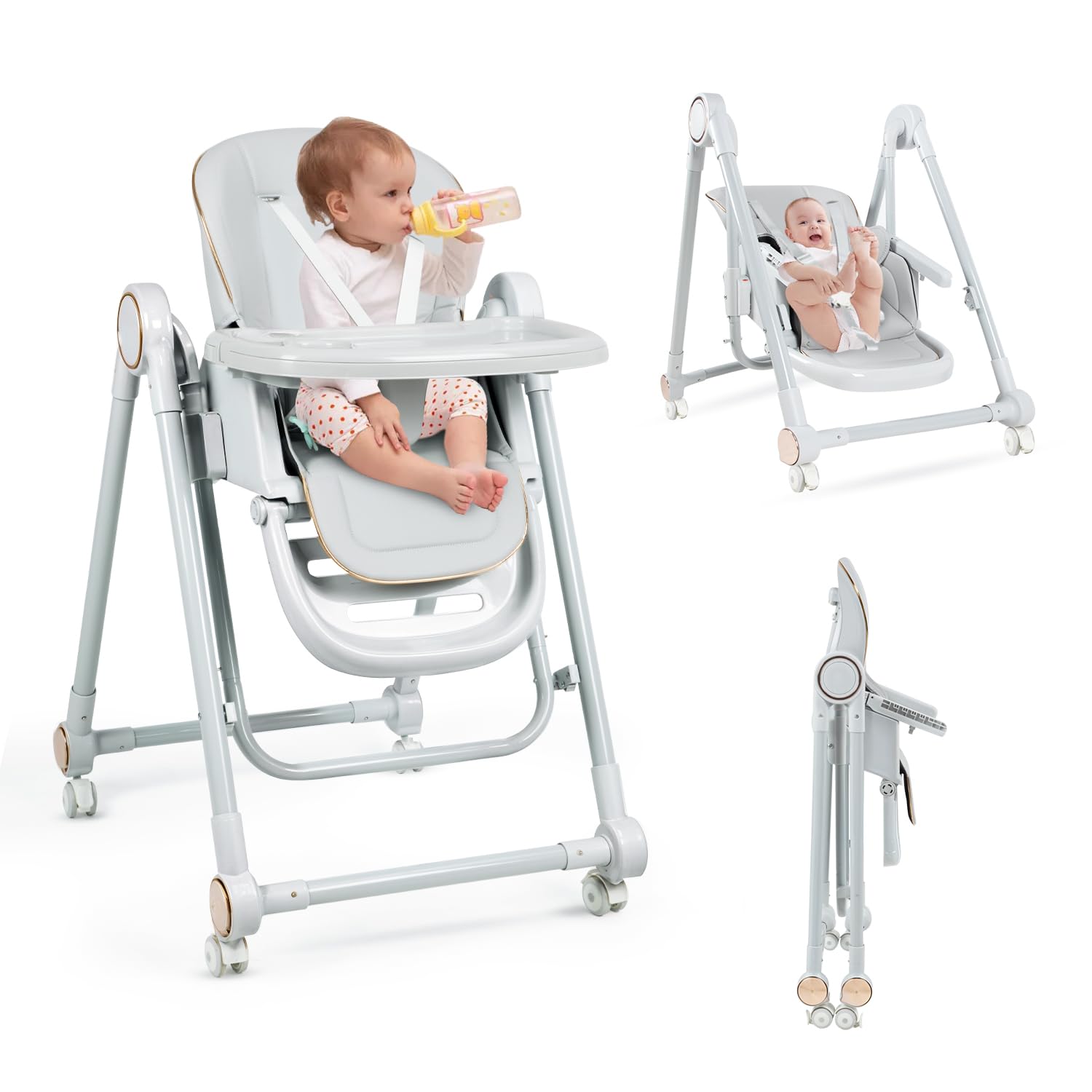 High Chairs for Babies and Toddlers, Portable Baby Swings for Infants with 5 Point Harness,High Chair with Wheels Adjustable Hei