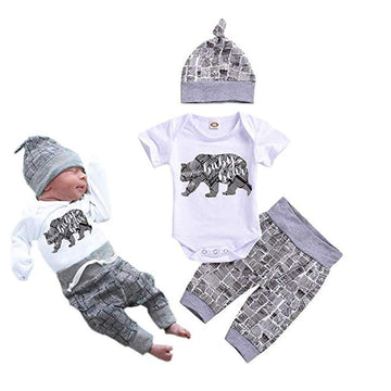 Unutiylo Newborn Baby Boy Clothes Baby Bear Letter Print Romper+Long Pants+Hat 3Pcs Outfits Set White