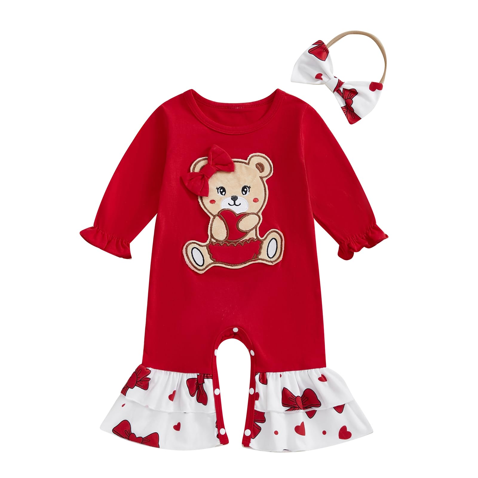 Fiomva Newborn Baby Girl Valentines Day Outfits Spring Fall Romper Infant Jumpsuit Cute Valentine Heart Bear Clothes (C Heart Be