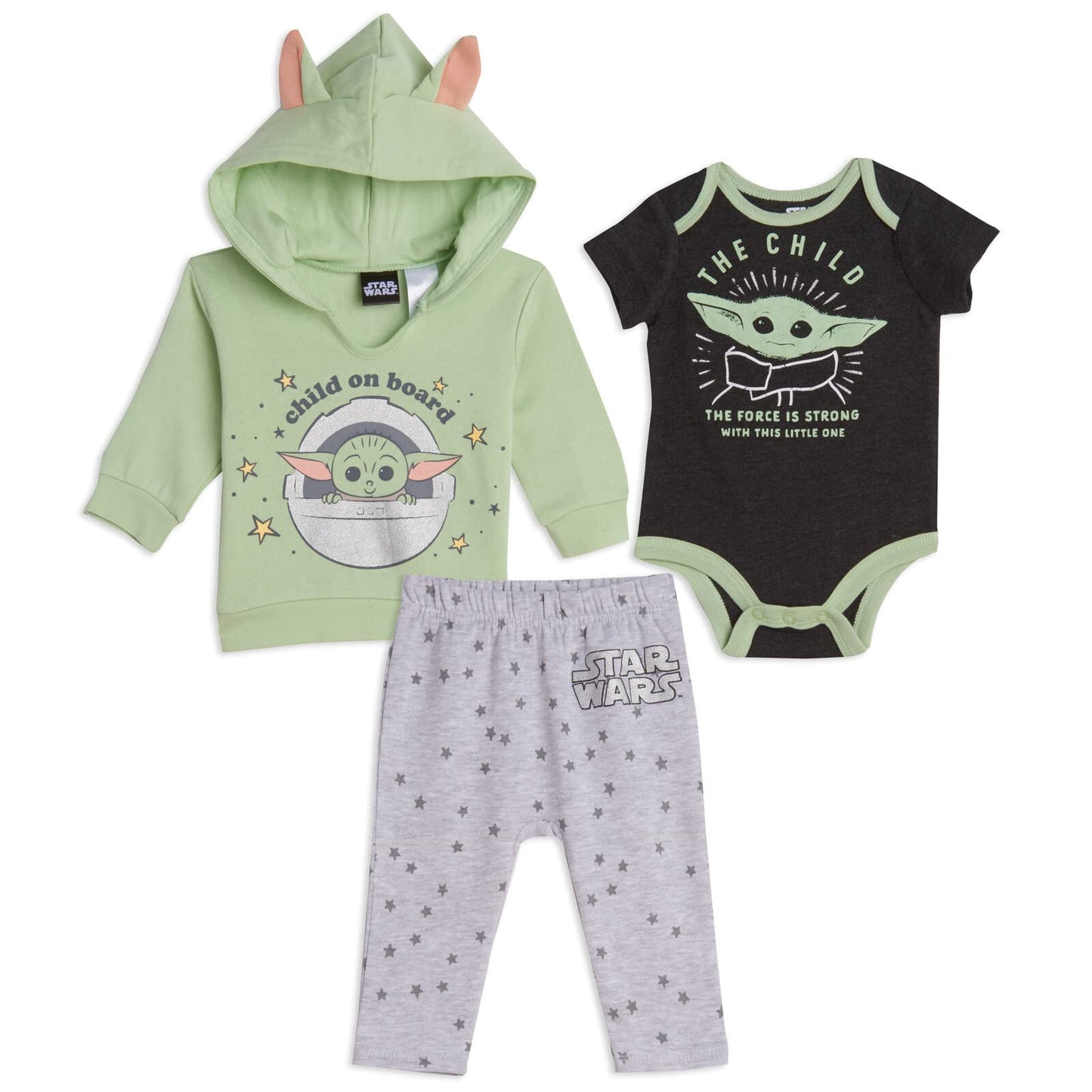 Star Wars The Child Infant Baby Boys Fleece Hoodie Short Sleeve Bodysuit And Pants 3 Piece Baby Outfit Set Grey/Green 24 Months