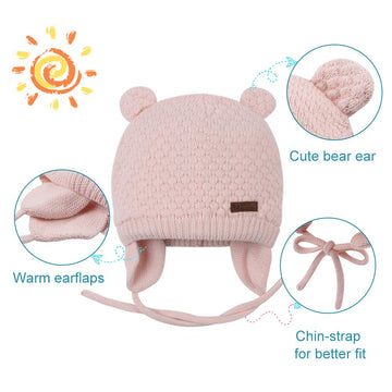 Baby Toddler Winter Beanie Warm Boys Girls Earflap Hat Infant Knit Caps Cute Bear Soft Cotton Lining For 0-36M (Pink, S(0-6M))